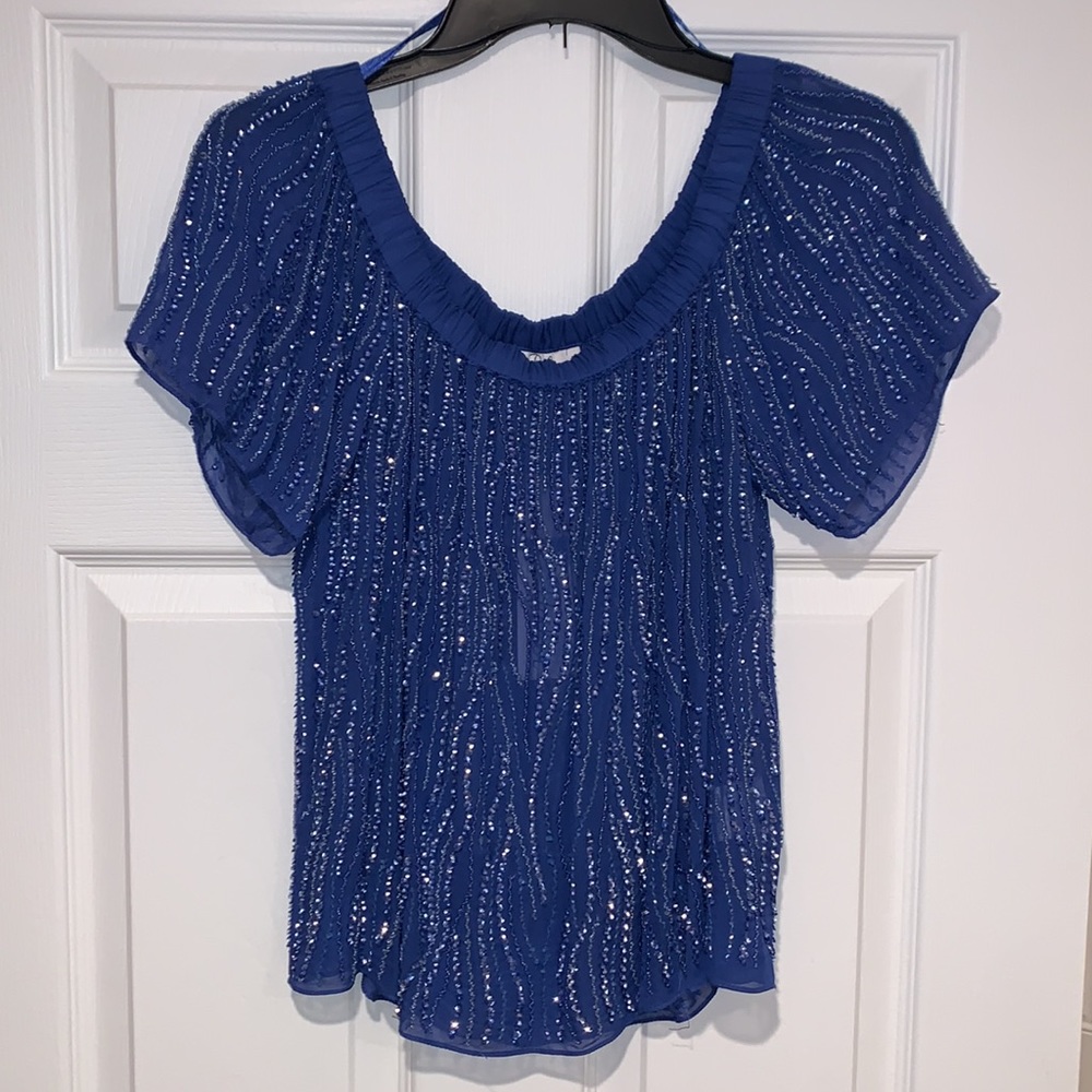 ❤️ Parker Translucent Cerulean Beaded Scoop Neck or Off Shoulder Blouse S ❤️ F1
